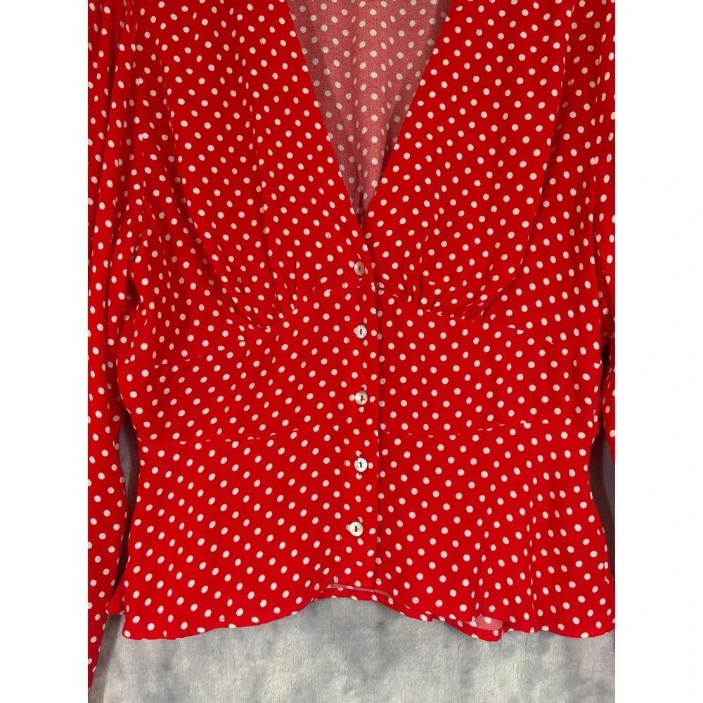 Free People Love Street Red Polka Dot Top S Puff Sleeve Peplum Feminine Retro